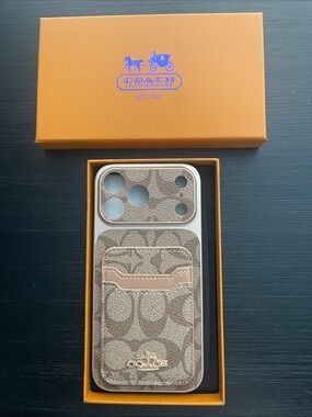 iPhone 17 Pro Max Coach Brown and Tan Signature Canvas Phone Card Case